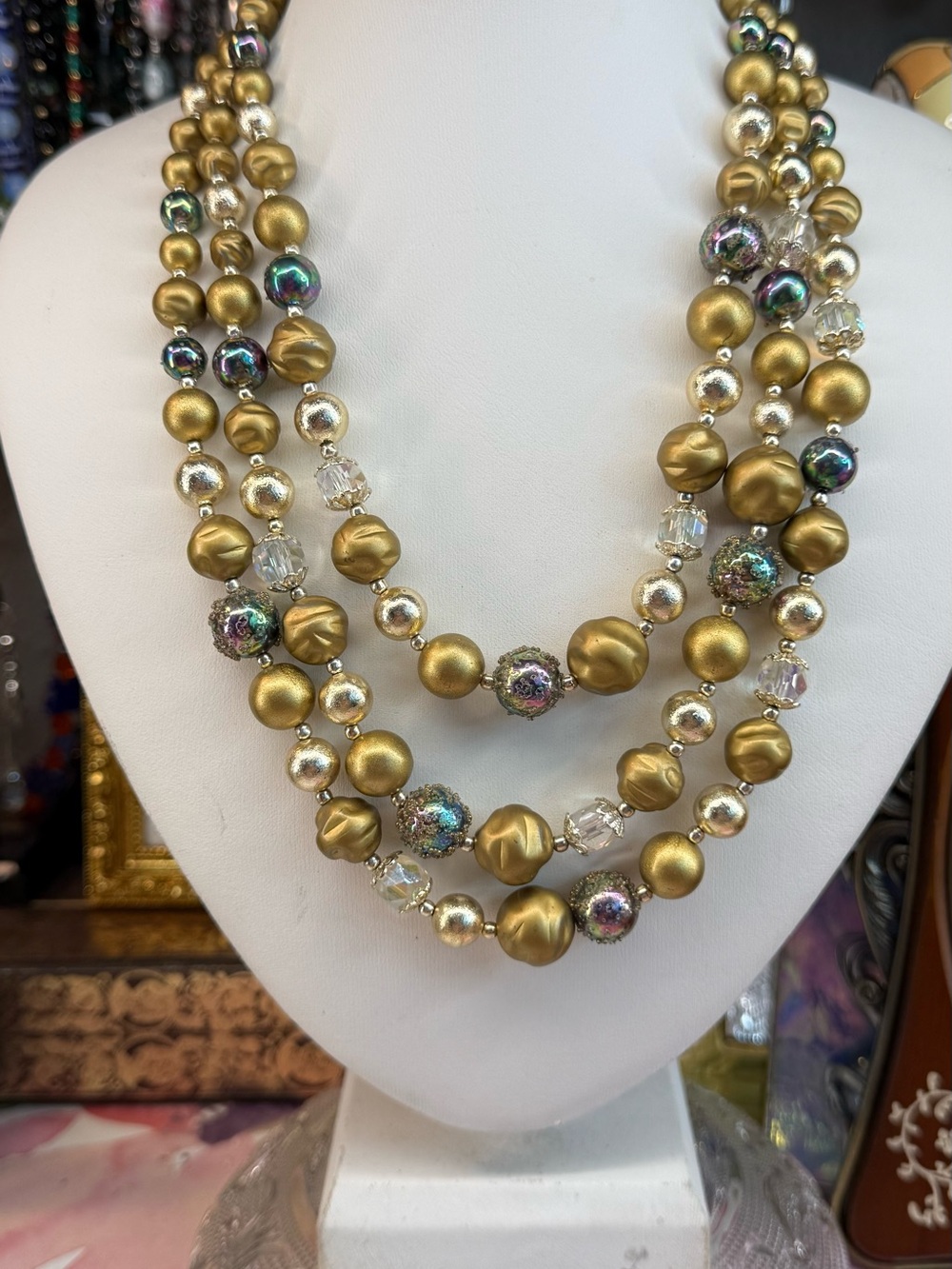 Vintage Japan Gold Multi-Strand Beaded Necklace with Iridescent Accents